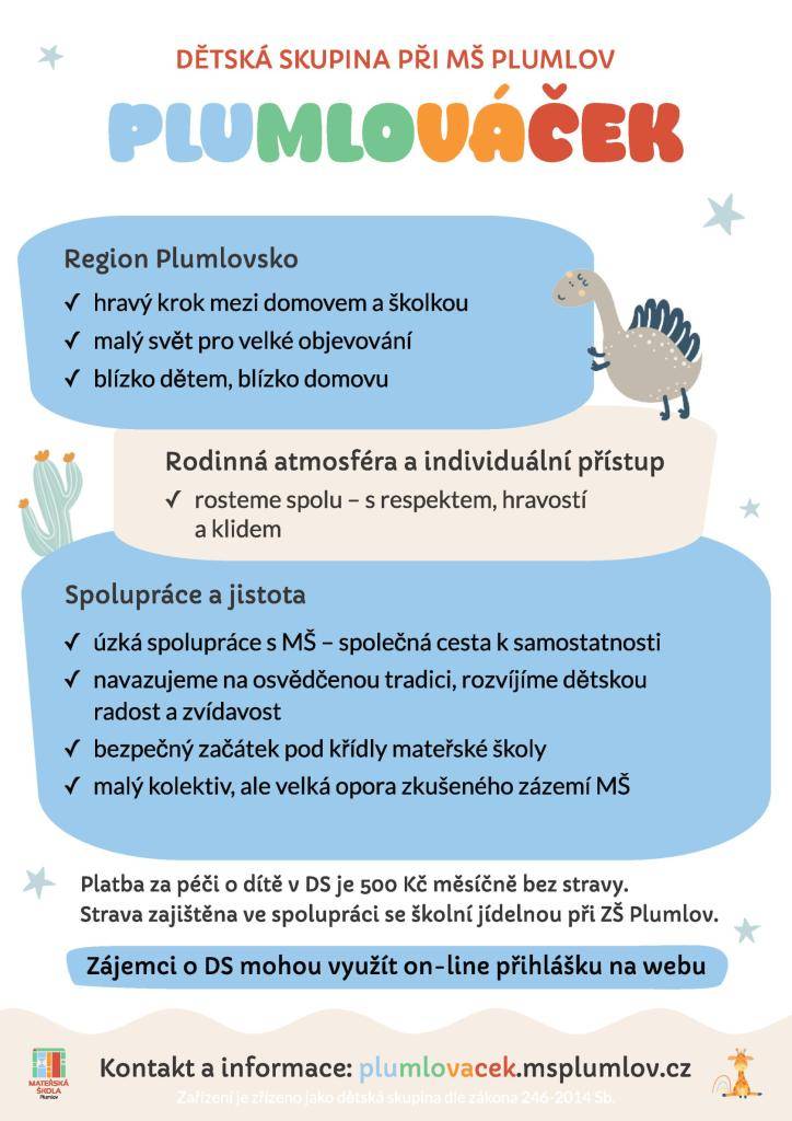 Dětská skupina Plumlováček nabízí několik posledních volných míst. Podrobnosti na stránkách plumlovacek.msplumlov.cz