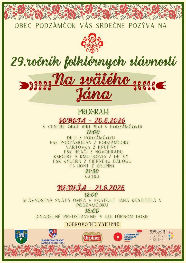 Obec Podzámčok pozýva na 29. ročník folklórnych slávností.