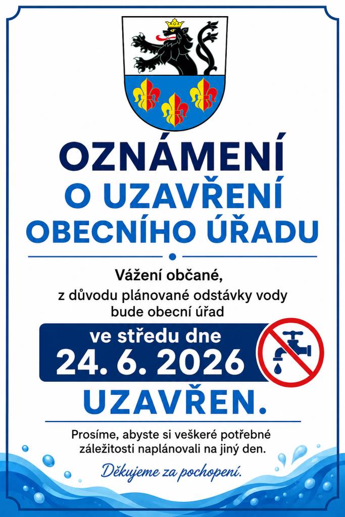Ve středu dne 24. 6. 2026 bude Obecní úřad Rapotín z důvodu plánované odstávky vody uzavřen.    Děkujeme za pochopení.