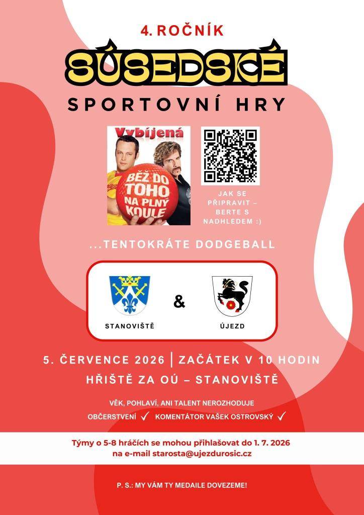 Obec Újezd u Rosic a obec Stanoviště Vás zvou na již čtvrtý ročník SÚSEDSKÝCH SPORTOVNÍCH HER. Pojďte si zahrát vybíjenou, kterou jste ještě nezažili. Účastnit se může každý - věk ani talent nerozhoduje. Takže ve Stanovištích na hřišti za OÚ 5. července od 10.00 hod.