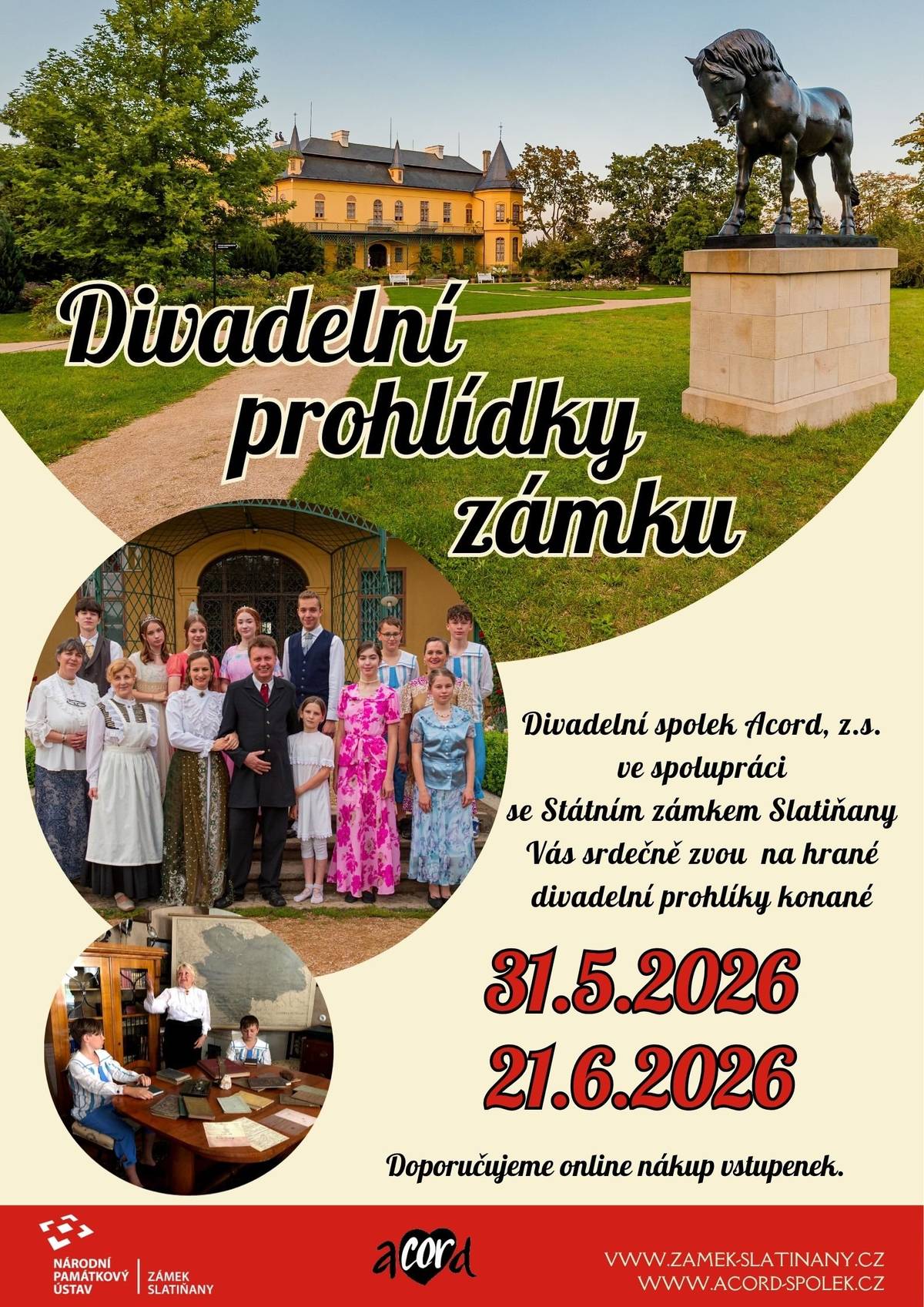Nenechte si ujít jedinečnou možnost zažít zámek trochu jinak. Čeká vás netradiční prohlídka, během které ožijí příběhy knížecí rodiny Auerspergů přímo před vašima očima. V historických interiérech se setkáte s postavami z minulosti, nahlédnete do života šlechtické rodiny a stanete se součástí jejich příběhu. 📅 Neděle 21. června 2026 🕘 Prohlídky probíhají od 9:00 do 16:00 hodin 📍 Státní zámek Slatiňany 🎟️ Kapacita jednotlivých prohlídek je omezená, doporučujeme zakoupit vstupenky online předem. Více informací a vstupenky: Státní zámek Slatiňany – Hrané prohlídky