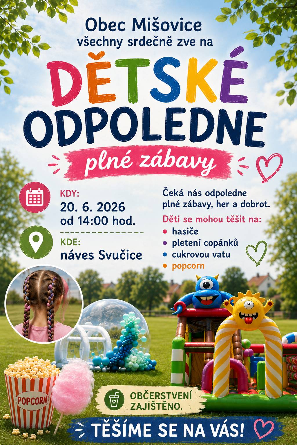 Vážení, srdečně Vás zveme na Dětské odpoledne, již tuto sobotu na návsi ve Svučicích od 14:00 hod. Pro děti bude připraven bohatý program, skákací hrad a odměny. Občerstvení zajištěno. Těšíme se na Vás.