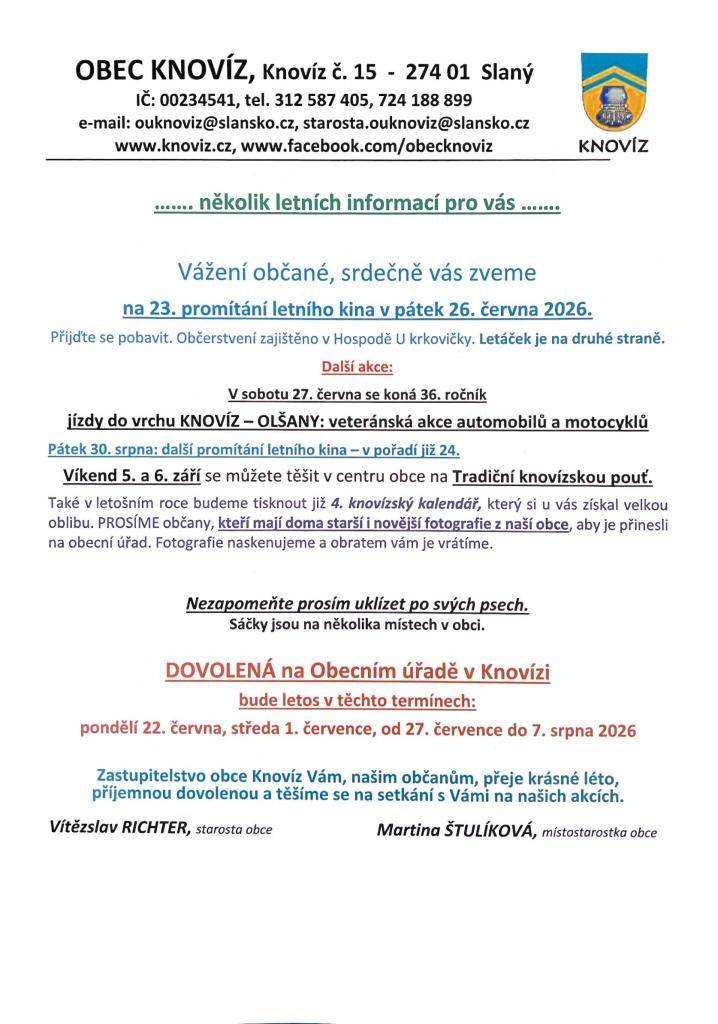 Obec Knovíz připravila informační leták pro léto 2026, ve kterém naleznete důležité a zajímavé informace pro toto období. Leták obsahuje aktuality o plánovaných akcích a praktické informace pro obyvatele.