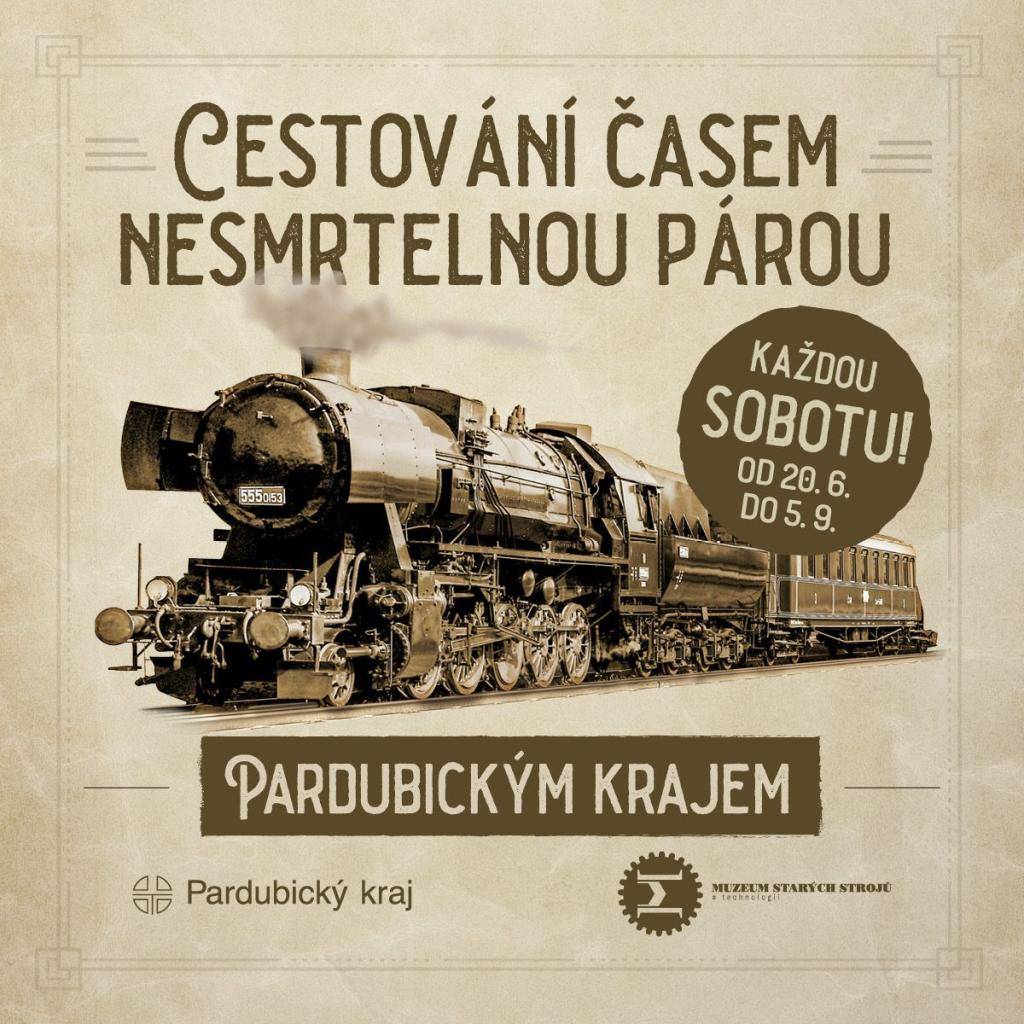 Letní jízdy parních vlaků Pardubickým krajem. Tyto jízdy se uskuteční každou sobotu od 20. června do 5. září 2026.