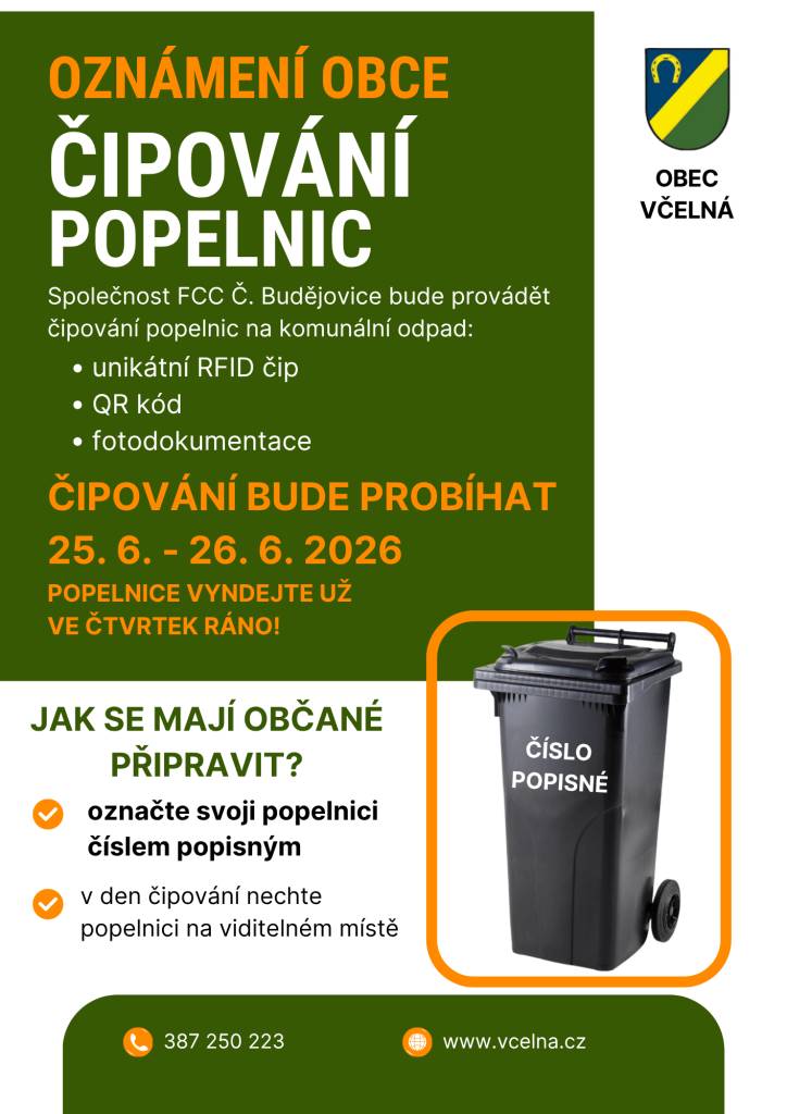 Bude probíhat ve čtvrtek 25. 6. a 26. 6.   Popelnice označené číslem popisným vyndejte již ve čtvrtek ráno a nechte je venku, dokud nebudou mít čip a QR kód.