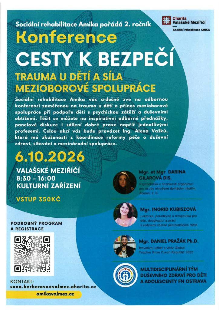 Pozvánka na odbornou konferenci „Cesty k bezpečí: Trauma u dětí a síla mezioborové spolupráce“, která se uskuteční dne 6. října 2026 ve Valašském Meziříčí.