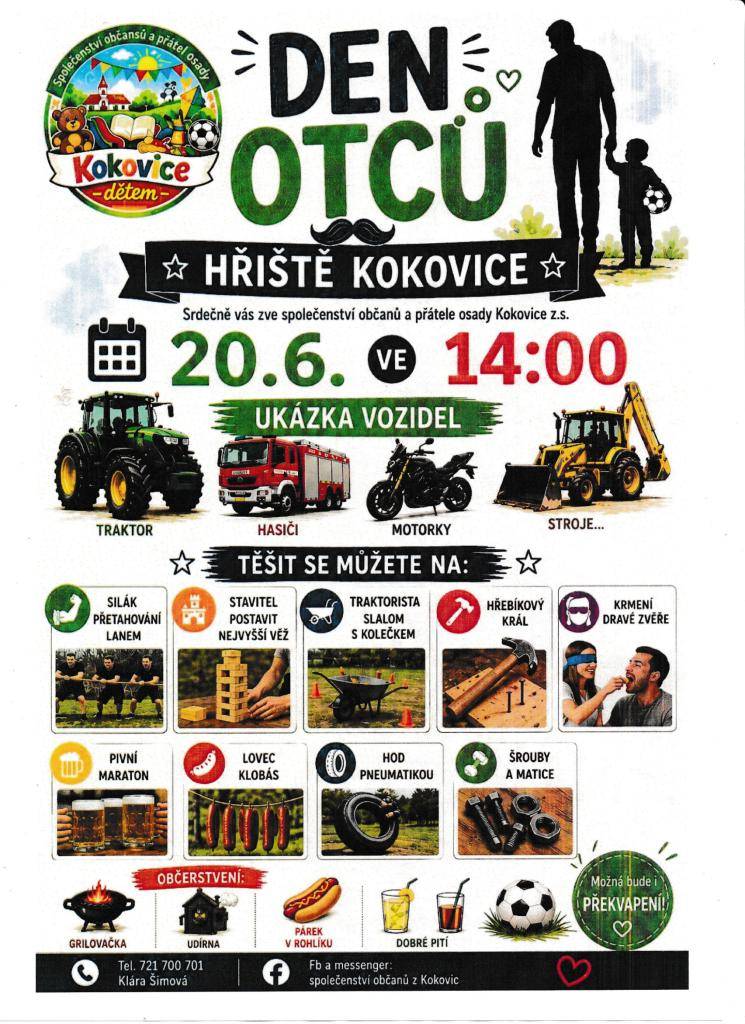 Společenství občanů a přátel osady Kokovice zve všechny zájemce tuto sobotu 20. června od 14 hodin na hřiště v Kokovicích. Těšit se můžete na různé zábavné hry pro celou rodinu. Je připraveno pestré občerstvení.