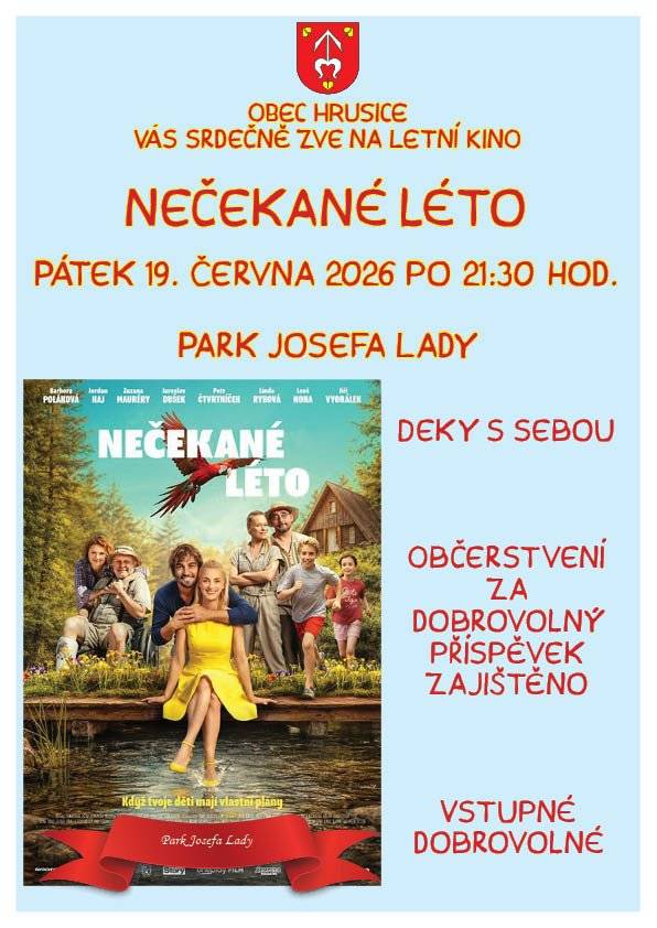 Nezapomeňte se stavit zítra (pátek 19. června 2026) od 21:30 v Parku Josefa Lady. Letní kino promítá Nečekané léto. Vstupné a občerstvení za dobrovolný příspěvek. Těšíme se na vás!