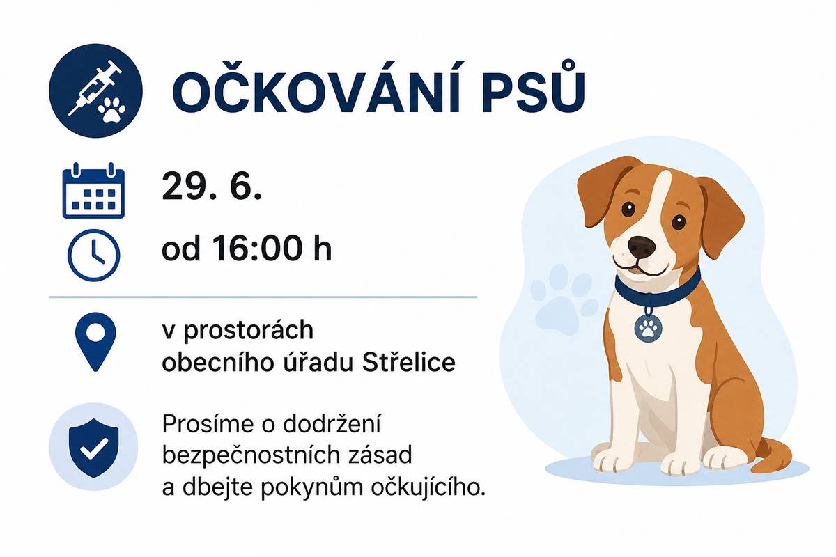 🐕 Očkování psů V neděli 29. 6. 2026 od 16:00 hodin proběhne v prostorách Obecního úřadu Střelice pravidelné očkování psů. Prosíme majitele psů o dodržování bezpečnostních zásad a respektování pokynů očkujícího veterináře. Děkujeme za spolupráci.