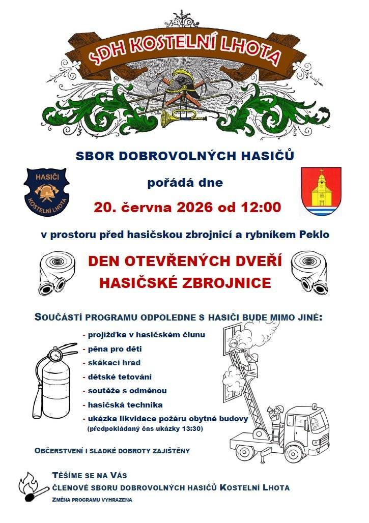 Vážení občané, zveme vás na zítřejší - sobotní program v naší obci (20. června): Den otevřených dveří a odpoledne s hasiči   Kdy a kde: Sobota 20. 6. od 12:00 před hasičskou zbrojnicí a u rybníka Peklo.   Na co se těšit: Prohlídka zbrojnice, čluny na rybníce, dětské soutěže, skákací hrad a ukázka likvidace požáru budovy.   Hlavní bod pro děti: Hasičská pěna vypukne v 15:30 hod (doporučujeme náhradní oblečení).   Občerstvení zajištěno, vstup volný. Těšíme se na vás!