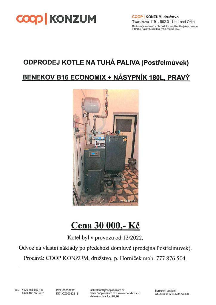 COOP KONZUM, družstvo nabízí odprodej kotle na tuhá paliva z rekonstruované prodejny v Postřelmůvku.