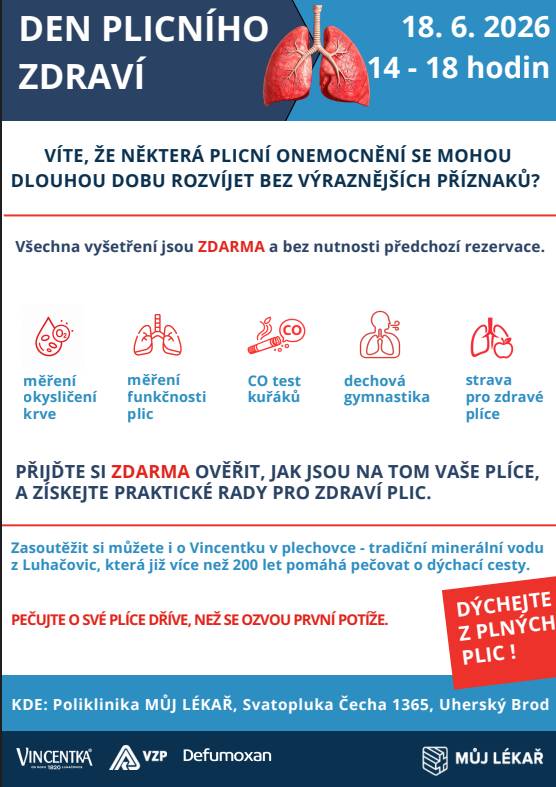 DEN PLICNÍHO ZDRAVÍ se koná ve čtvrtek 18. 6. 2026 od 14:00 do 18:00 hodin na Poliklinice MŮJ LÉKAŘ, Svatopluka Čecha 1365, Uherský Brod.