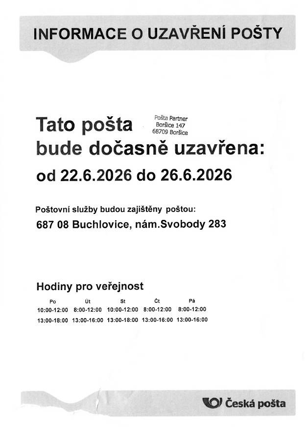 Pošta partner Boršice bude dočasně uzavřena od 22.6. do 26.6.2026