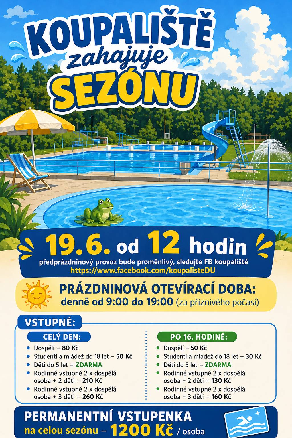 Vážení návštěvníci našeho koupaliště, s potěšením oznamujeme, že naše koupaliště bude i letos v letní sezóně otevřeno. Provoz opět zajišťuje přímo Obec Dolní Újezd prostřednictvím své zřizované organizace Újezd o.p.s. Provoz areálu koupaliště, bazénů a občerstvení bude probíhat ve stejném režimu jako v předchozích letech. Těšíme se na vaši návštěvu a přejeme příjemné léto! Obec Dolní Újezd a Újezd o.p.s.   Pro aktuální informace sledujte FB Koupaliště a sportovní areál Dolní Újezd    TENTO VÍKEND OTEVŘENO:     pátek    19.6. 12-19 hodin,       sobota  20.6. 11-19 hodin,       neděle  21.6. 10-19 hodin.