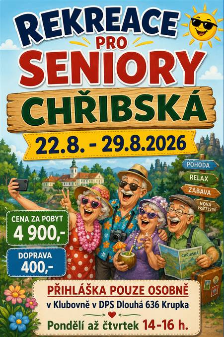 Město Krupka připravilo rekreaci pro seniory v rekreačním středisku Krásné pole u Chřibské. Přihlášky pouze osobně v klubovně Domu s pečovatelskou službou, Dlouhá 636. Pondělí až čtvrtek 14-16 hod.