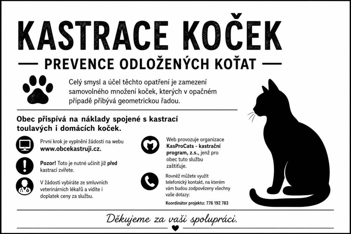 Informace k postupu využití příspěvku na kastraci koček naleznete v letáčku.