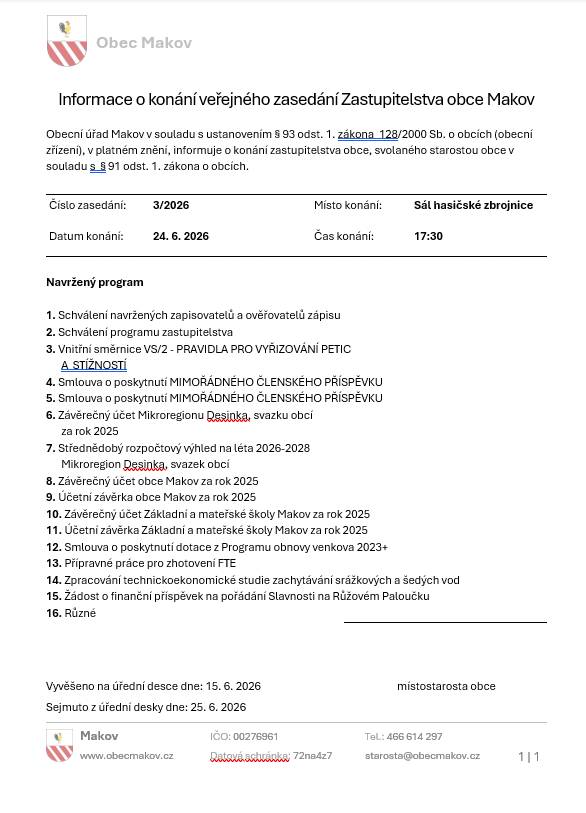 Pozvánka na veřejné zasedání Zastupitelstva obce Makov, konané ve středu 24.6.2026 od 17:30 na sále hasičské zbrojnice.