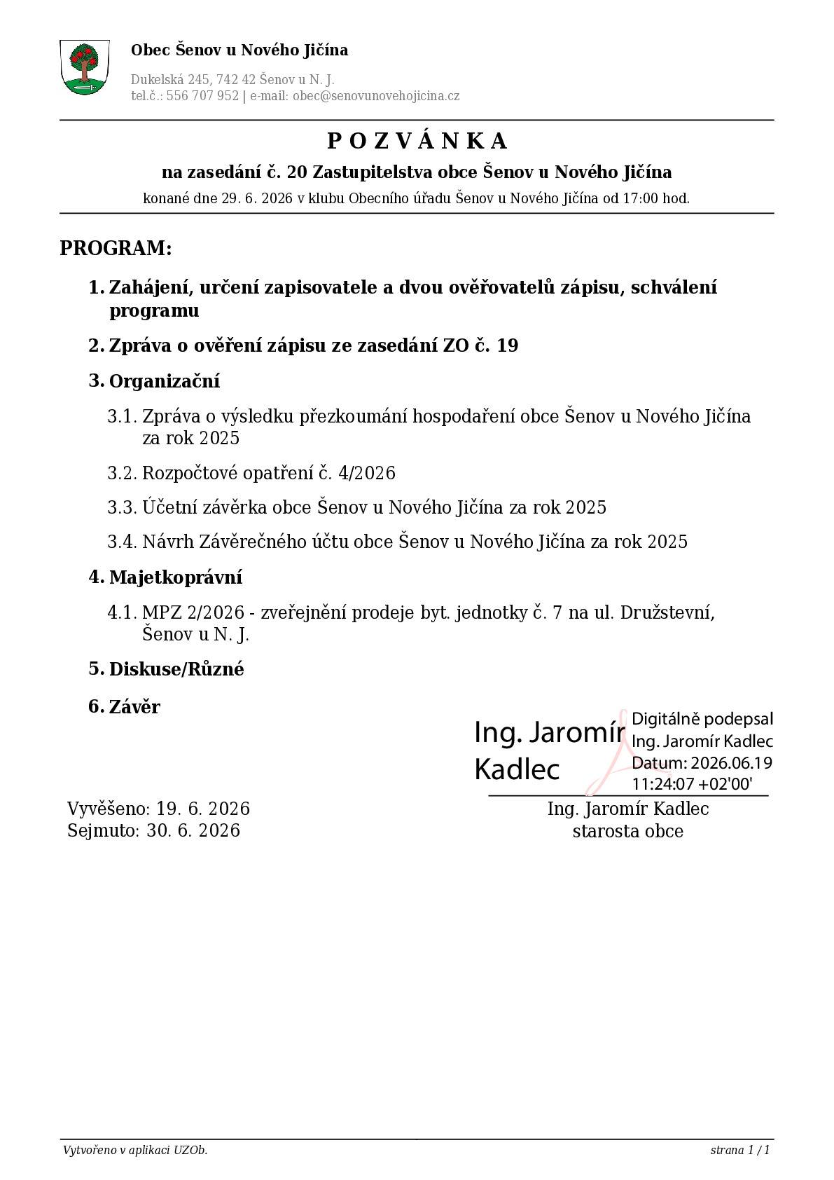 Pozvánka s programem na 20. jednání zastupitelstva obce - úřední deska