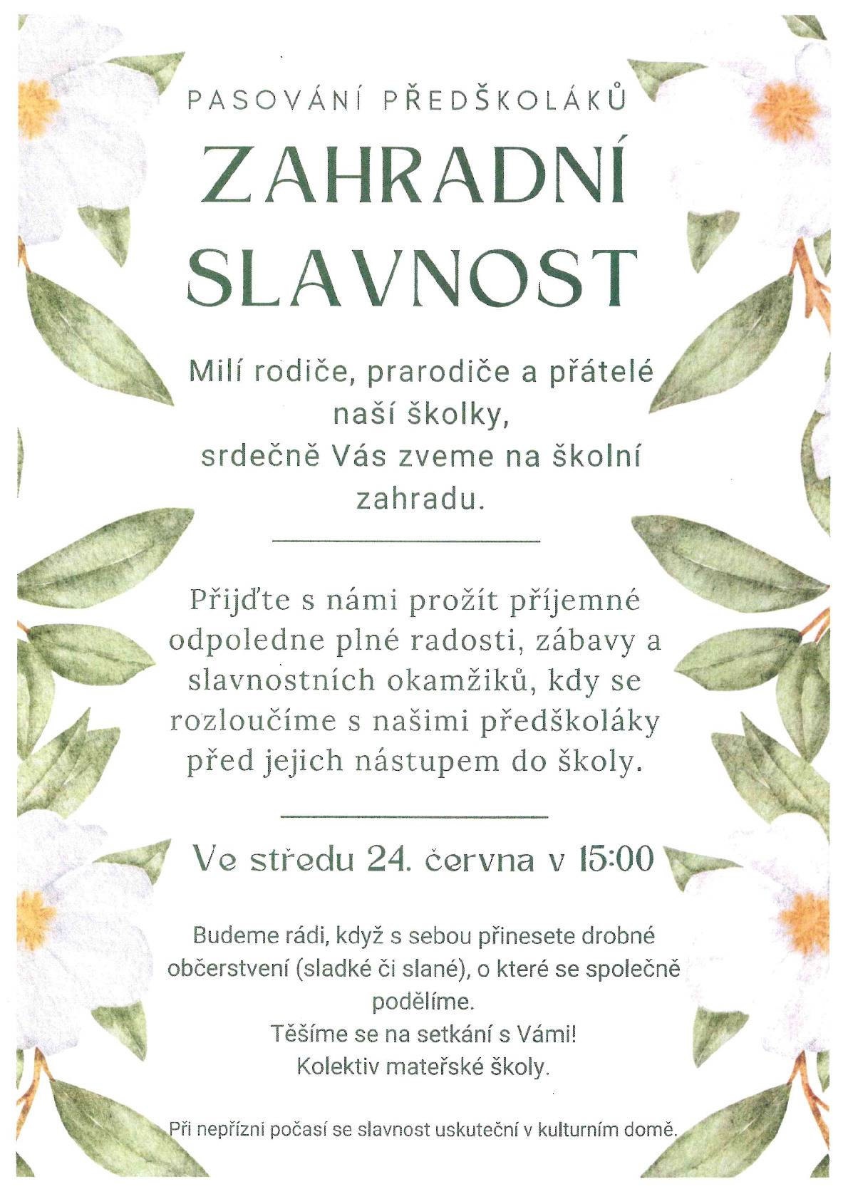 1) Z provozních důvodů bude v pondělí 22. června pošta v Radešínské Svratce uzavřena.  2) Kancelář Obecního úřadu Řečice bude ve středu 24. června odpoledne otevřena jen do 14.30 hodin.  3) Zahradní slavnost MŠ Řečice - informace níže