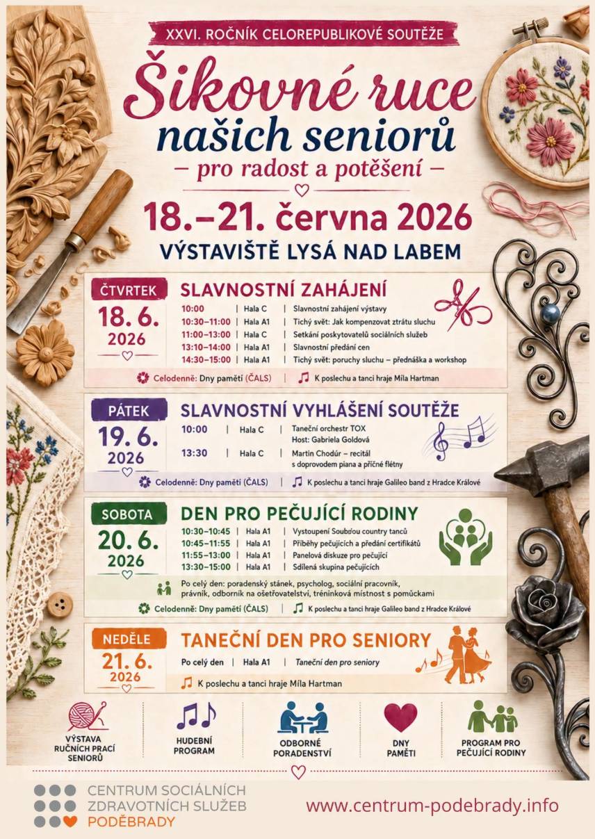 Dnes se k nám dostala informace o možnosti přidat se k výletu do Lysé nad Labem na akci Šikovné ruce našich seniorů 2026. Výlet pořádá paní L. Šumová a jede se v pátek 19. června 2026 ráno. Odjezd je z Benešova nad Ploučnicí. Akce se koná na Výstavišti Lysá nad Labem a je zaměřena na výstavu ručních prací seniorů, hudební program, odborné poradenství a další doprovodné aktivity. Zájemci, kteří by se chtěli přidat, mohou kontaktovat paní L. Šumovou na telefonu: 773 626 112.