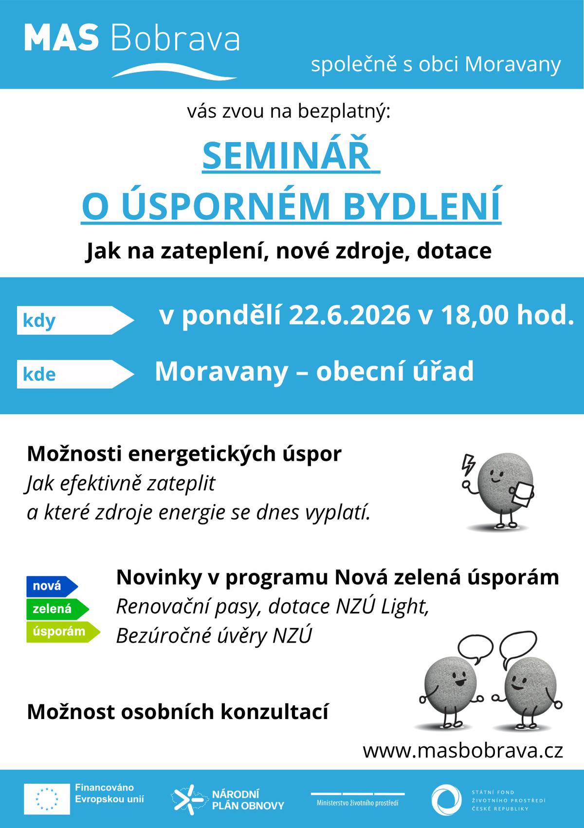 MAS Bobrava zve občany na bezplatný seminář o úsporném bydlení, který se uskuteční v pondělí 22. 6. 2026 od 18.00 hod. na Obecním úřadě.