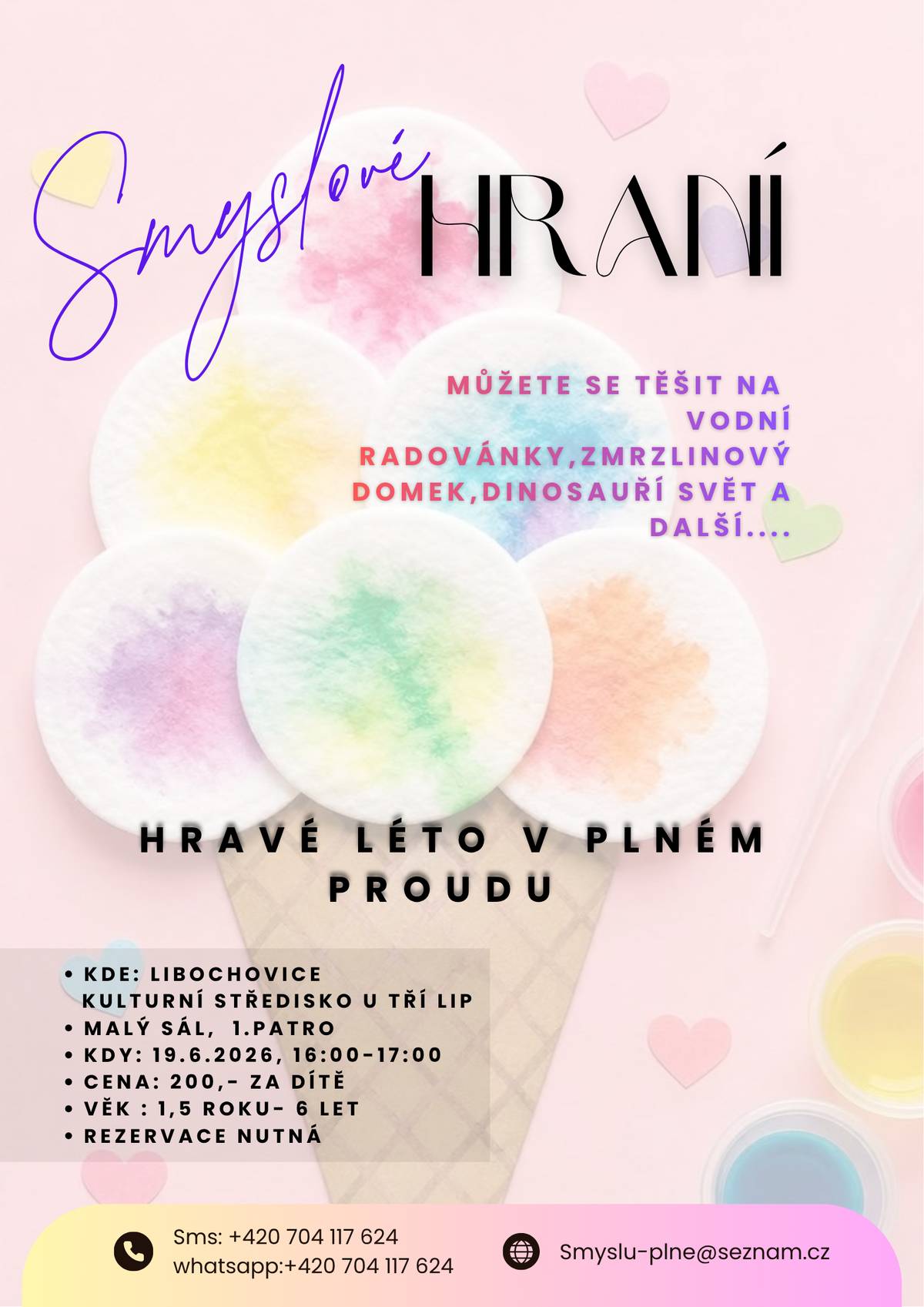 Přinášíme vám nabídku dalšího Smyslohraní pro děti od 1,5 do 6 let, tentokrát na téma Hravé léto. Přijďte si s dětmi společně užít hravé objevování světa všemi smysly. Čeká vás kreativní smyslová herna, která rozvíjí dětskou fantazii, pohyb i vnímání. 📅 Kdy: pátek 19. 6. 2026 🕑Čas: 16:00 – 17:00 📍 Kde: Kulturní středisko U Tří lip, Libochovice - malý sál Cena: 200 Kč / dítě ℹ️ Kapacita je omezená - nutná rezervace