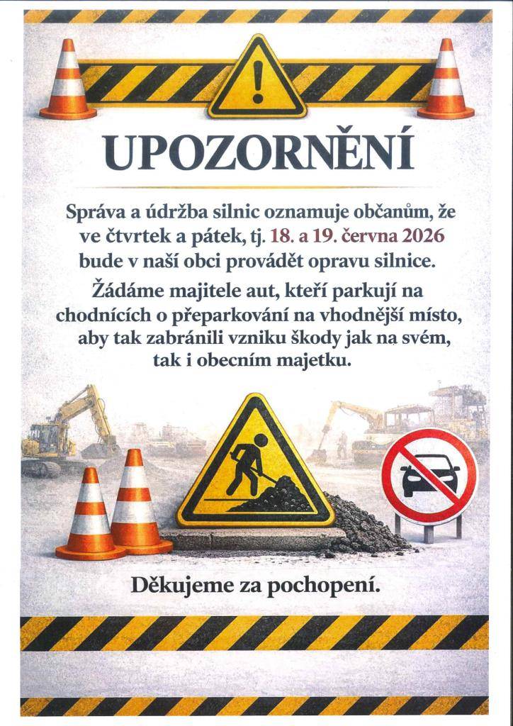 Oprava silnice ve čtvrtek 18. a pátek 19 června 2026.