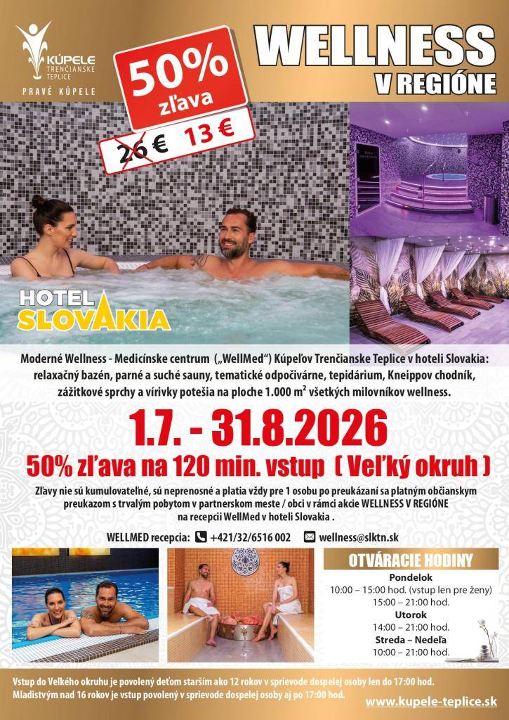 Ponuka Kúpeľov Trenčianske Teplice, zľavy 1. 7. - 31. 8. 2026.
