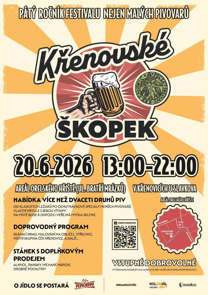 Pátý ročník festivalu nejen malých pivovarů Křenovké ŠKOPEK v sobotu 20. 6. 2026 od 13:00 do 22:00 a areálu orelského hřiště v Křenovicích u Slavkova.