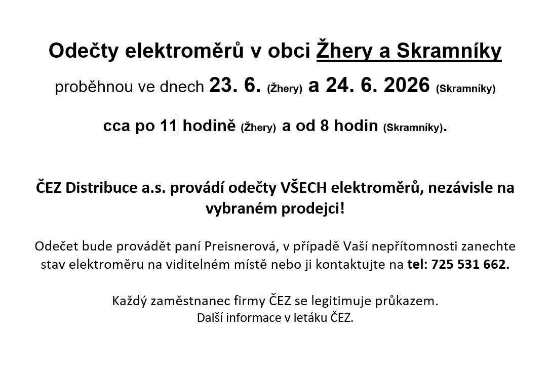 Odečty bude provádět paní Preisnerová, kontakt 725531662.