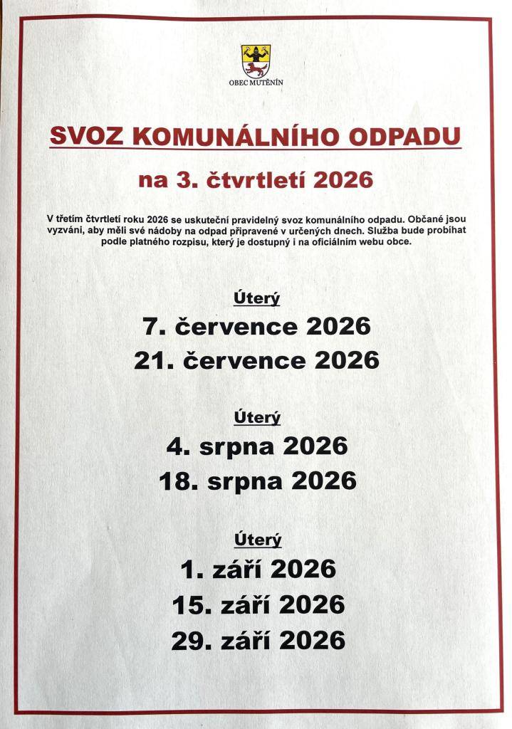 Svoz komunálního odpadu na 3. čtvrtletí roku 2026.