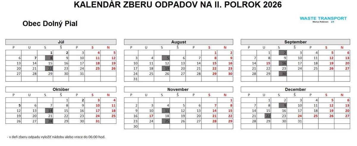 Kalendár zberu na II. polrok 2026