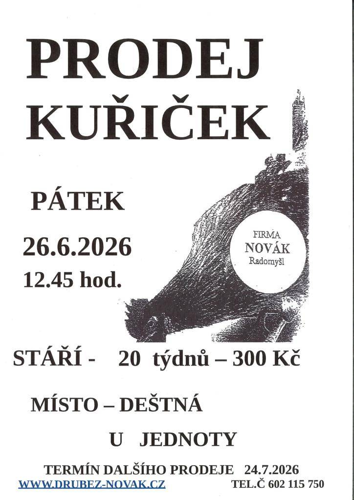 prodej kuřiček 26.6.026  v 12:45 hodi
