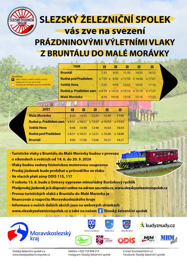 Prázdninové výletní vlaky Bruntál - Malá Morávka.  Začínáme již tuto neděli 14. 6. 2026 o víkendech a svátcích až do 20. 9. 2026.