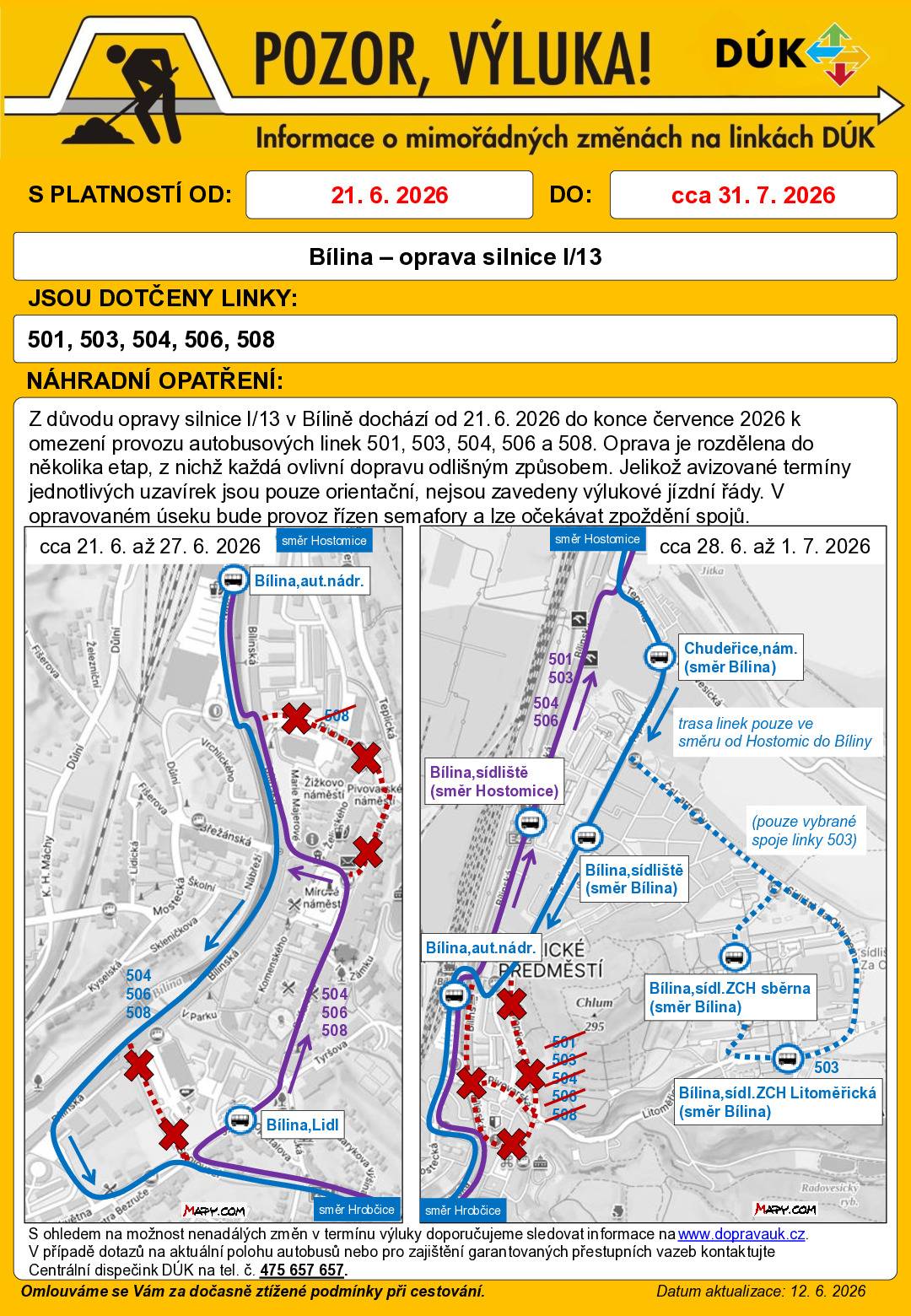 Vážení občané, z důvodu opravy silnice I/13 v Bílině dochází od 21.06.2026 do konce července 2026 k omezení provozu autobusových linek 501,503,504,506 a 508. Oprava je rozdělena do několika etap, z nichž každá ovlivní dopravu odlišným způsobem. Jelikož avizované termíny jednotlivých uzavírek jsou pouze orientační, nejsou zavedeny výlukové jízdní řády. V opravovaném úseku bude provoz řízen semafory a lze očekávat zpozdění spojů. V případě dotazů na aktuální polohu autobusů nebo pro zajištění přestupných vazeb kontaktujte Centrální dispečink DÚK na tel č. 475 657 657.