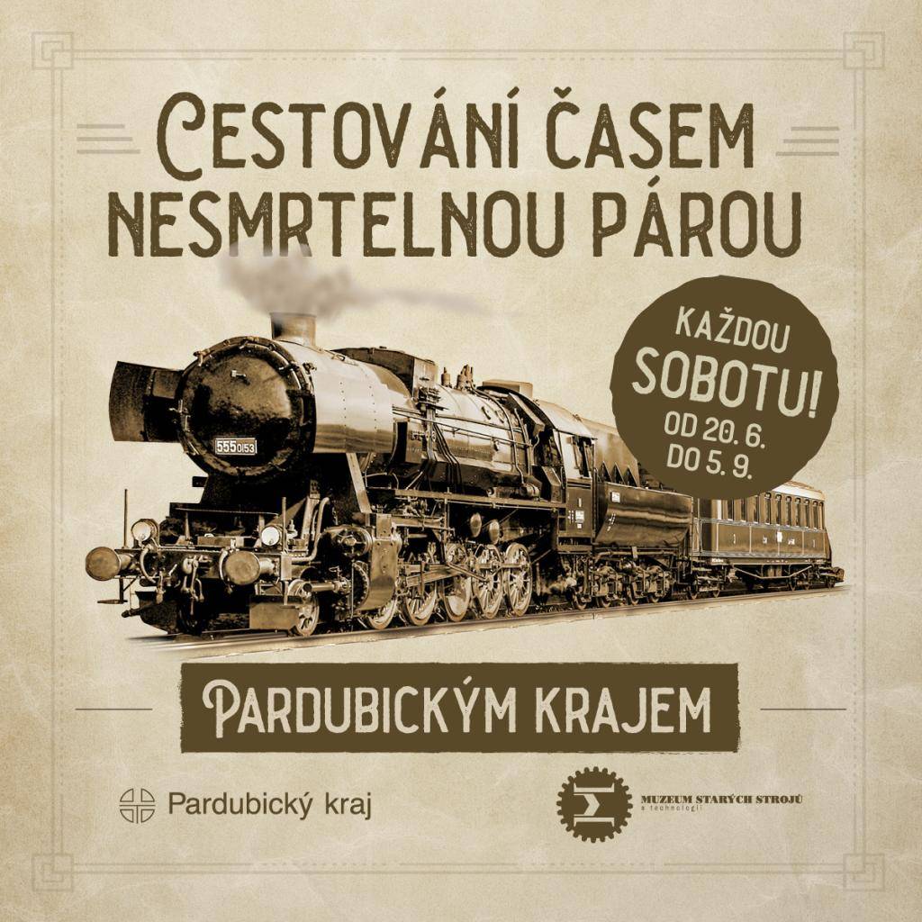 Cestování časem nesmrtelnou párou "Pardubickým krajem" každou sobotu od 20.6. do 5.9.2026.