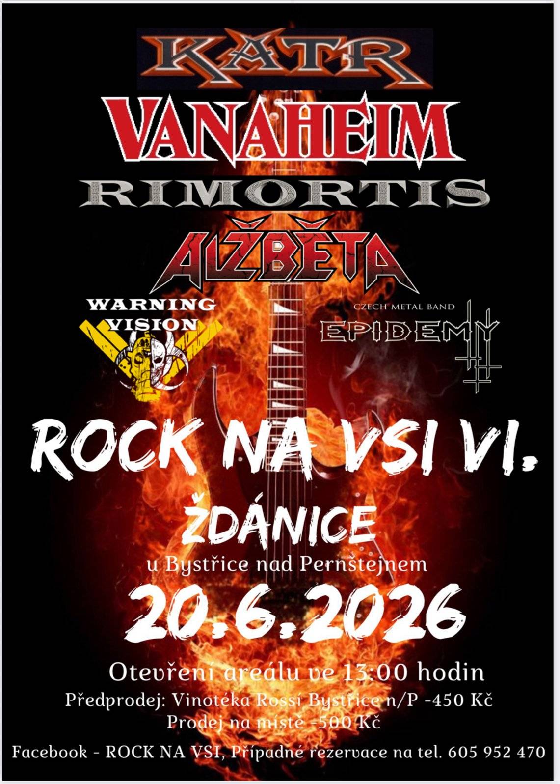 Přijměte pozvání pořadatelů na 6. ročník rockového festivalu Rock na VSI, který se uskuteční tuto sobotu 20.6. od 13:00 hod. v areálu výletiště pod školou. První vystoupí kapela Alžběta (14:00). Následovat ji budou kapely: Rimortis, Vanaheim, Warning Vision, Katr a Epidemy. Hezký de