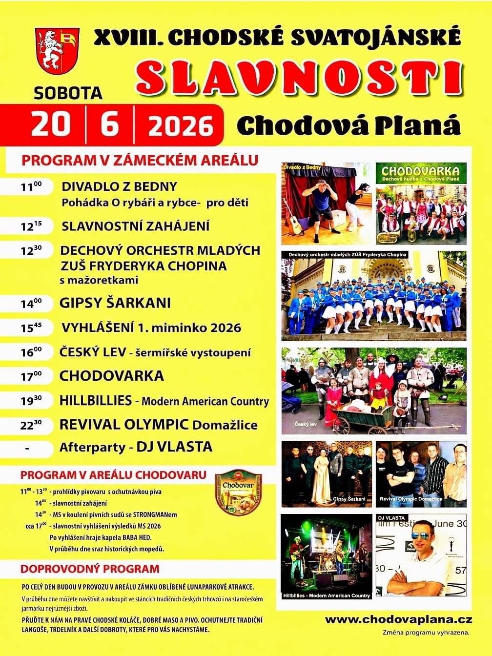 🌟 V sobotu 20. června od 11 hodin ožije zámecký areál v Chodové Plané hudbou, tancem a zábavou pro celou rodinu. Čeká vás den plný skvělé atmosféry, dobrého jídla, vyhlášeného piva Chodovar a hudby všech možných žánrů. Máte rádi říznou dechovku, chytlavé cikánské rytmy, pořádný bigbeat, country nebo pořádnou disko party až do rána? Letos máme pro každého něco: 🎭 Pohádka pro děti 🎺 Dechový orchestr s mažoretkami 💃 Temperamentní čardáše skupiny Gipsy Šarkani ⚔️ Šermířské vystoupení Český lev 🎸 Modern American Country v podání Hillbillies 🎤 Večerní bigbeat s Revival Olympic Domažlice 🎧 A na závěr tradiční afterparty s DJ Vlastou 🎡 Po celý den budou v provozu lunaparkové atrakce, chybět nebude jarmark, občerstvení ani doprovodný program v areálu pivovaru Chodovar.