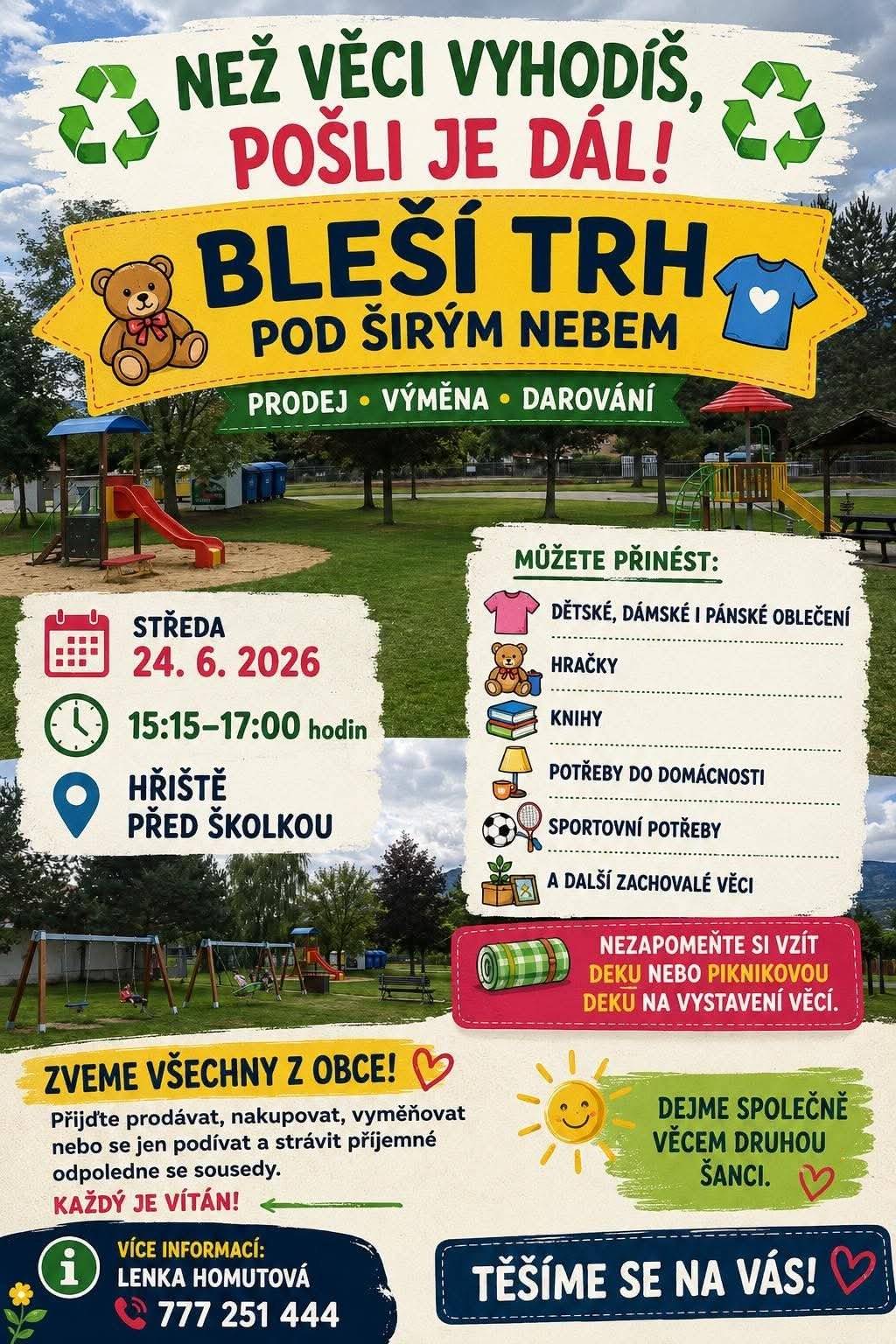 Ve středu 24. 6. odpoledne proběhne na hřišti před MŠ bleší trh.