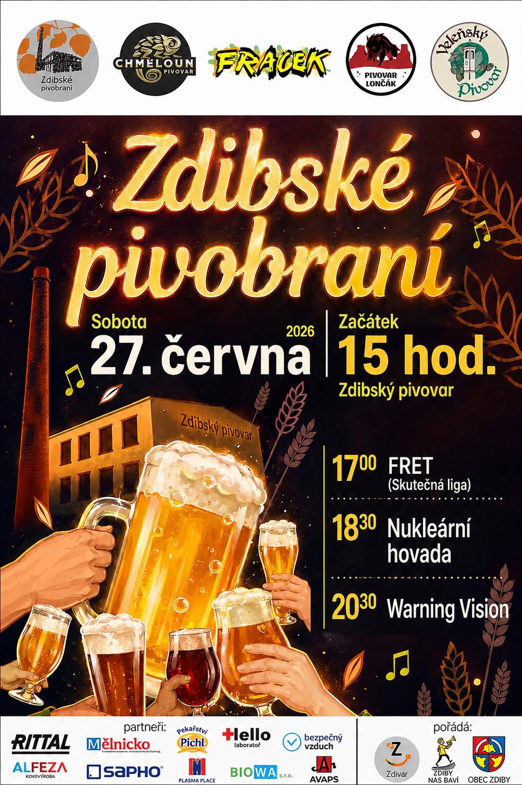 Ve čtvrtek 25. 6. 2026 od 18.30 hodin vás zveme do Zdibského pivovaru na letní hudební večer s kapelou NUDZ.  27. 6. 2026 se uskuteční ve Zdibském pivovaru akce Zdibské pivobraní. Začátek již v 15.00 hodin. Na programu jsou hudební vystoupení kapel Fret, Nukleární hovada a Warning Vision.