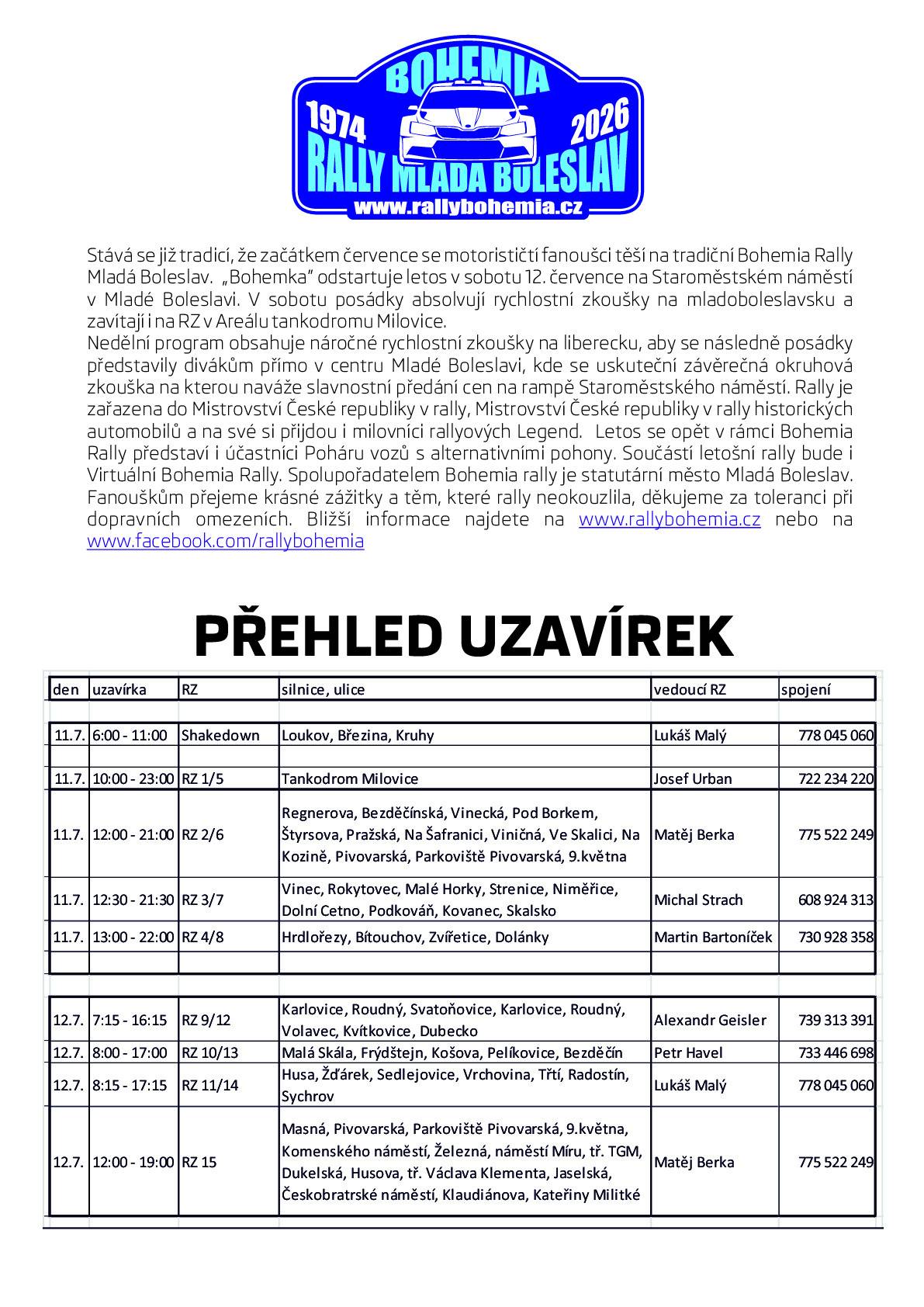 Popis uzavírek pro letošní ročník Rally Bohemia naleznete v příloze.