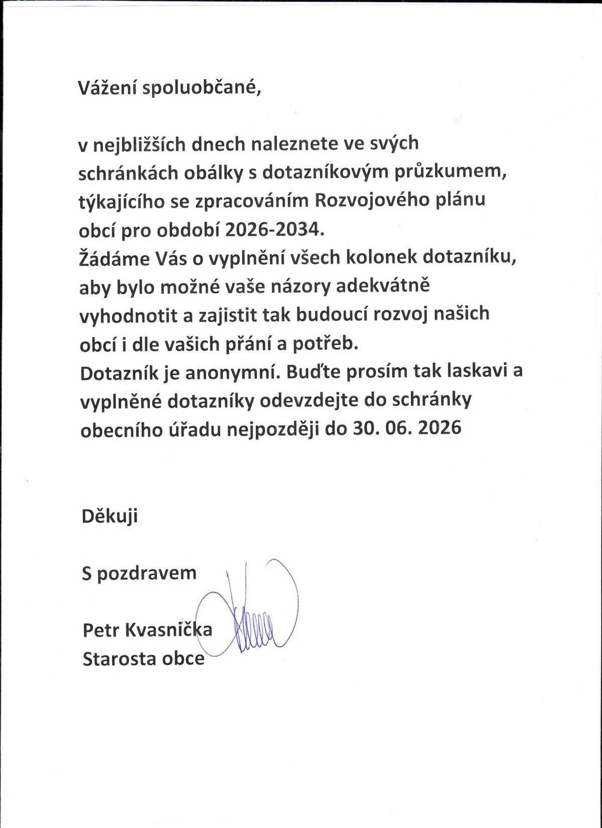 Dotazníkový průzkum - Zpracování Rozvojového plánu obcí