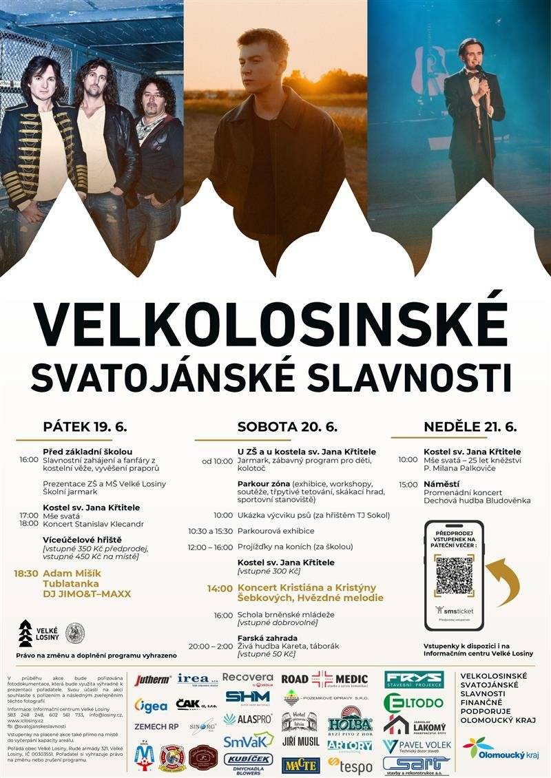 Čeká nás letní kulturní víkend a my vás srdečně zveme! Od pátku 19.6. začínají Velkolosinské Svatojánské slavnosti, které potrvají celý víkend - v neděli 21.6. je zakončí Promenádní koncert. V sobotu 20.6. se v Areálu zdraví koná šachový turnaj Zlosin Open. V neděli 21.6. se v kostele sv. Jana Křtitele koná slavnostní bohuslužba a posezení na farské zahradě.