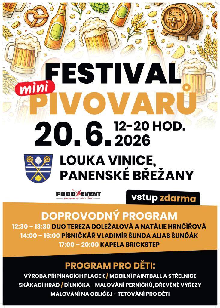 Srdečně vás zveme na historicky první břežanský festival minipivovarů a streetfoodu. Festival se odehraje v sobotu 20.6. od 12 hodin na Vinici a čekají vás zde stánky minipivovarů s craftovými pivy, občerstvením, živá muzika i zábava pro děti. Vstup je zdarma.