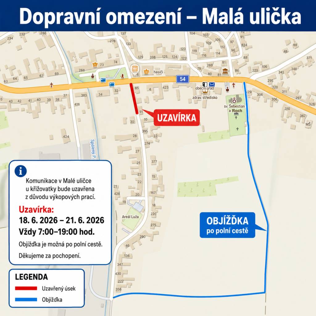 Upozorňujeme občany, že z důvodu výkopových prací bude komunikace v Malé uličce od křižovatky po č.p. 10 uzavřena od čtvrtka 18. června do neděle 21. června, vždy přibližně v době od 7:00 do 19:00 hodin.    Objížďka bude možná po polní cestě.