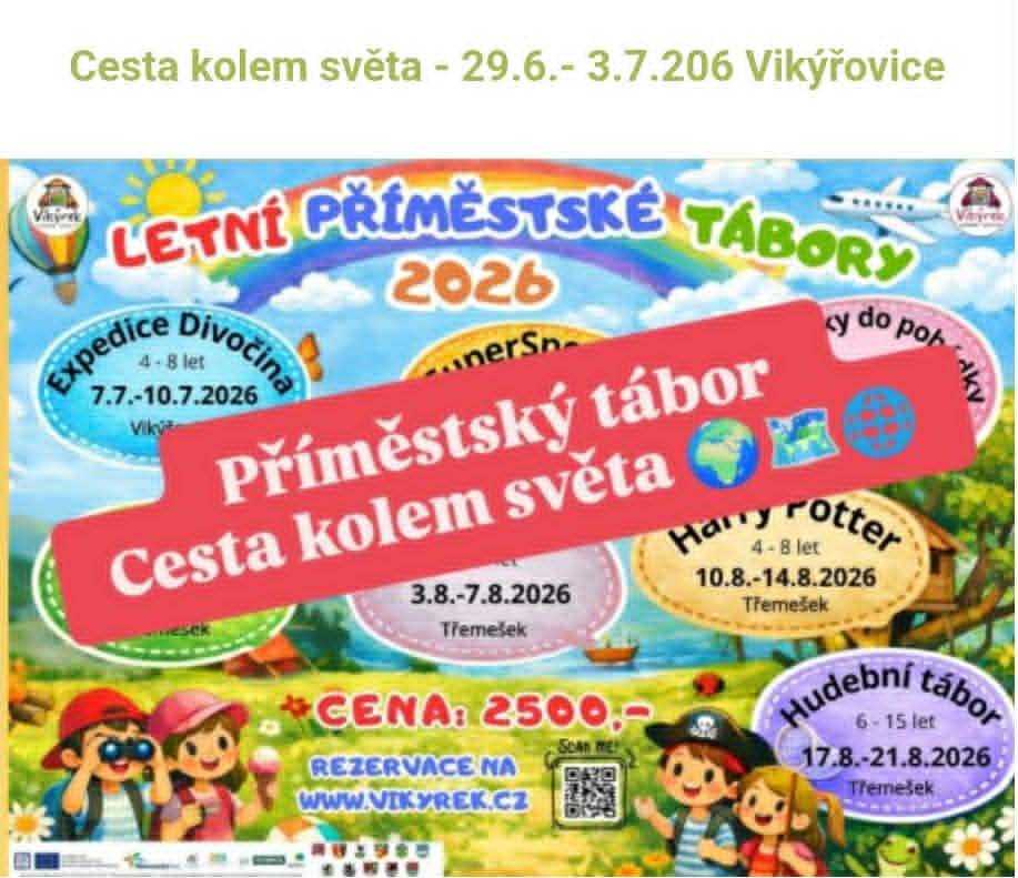 S ohledem na uvolněná místa na letních příměstských táborech  je možné přihlásit děti na příměstský tábor s názvem Cesta kolem světa, který začíná 29. 6. Druhý tábor - Mrňouskové je určen pro děti ve věku 4-6 let, který reaguje na zavřené školy v okolí a nabízí tak rodičům možnou alternativu.