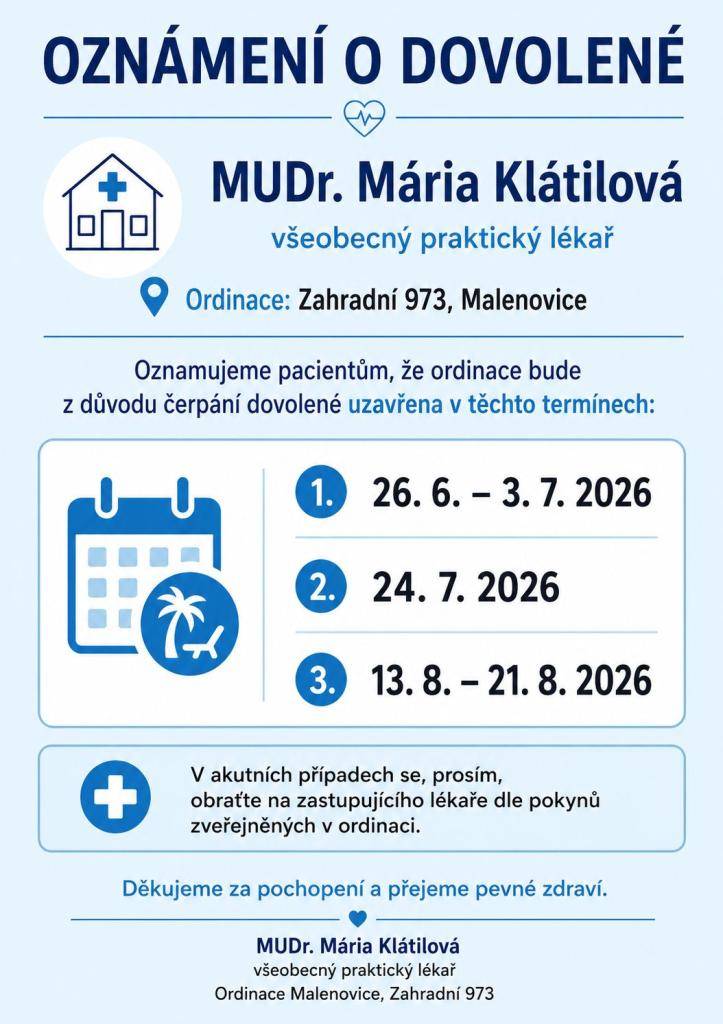 Oznamujeme občanům termíny dovolené MUDr. Klátilové.  https://www.zlin-malenovice-praktik.cz/