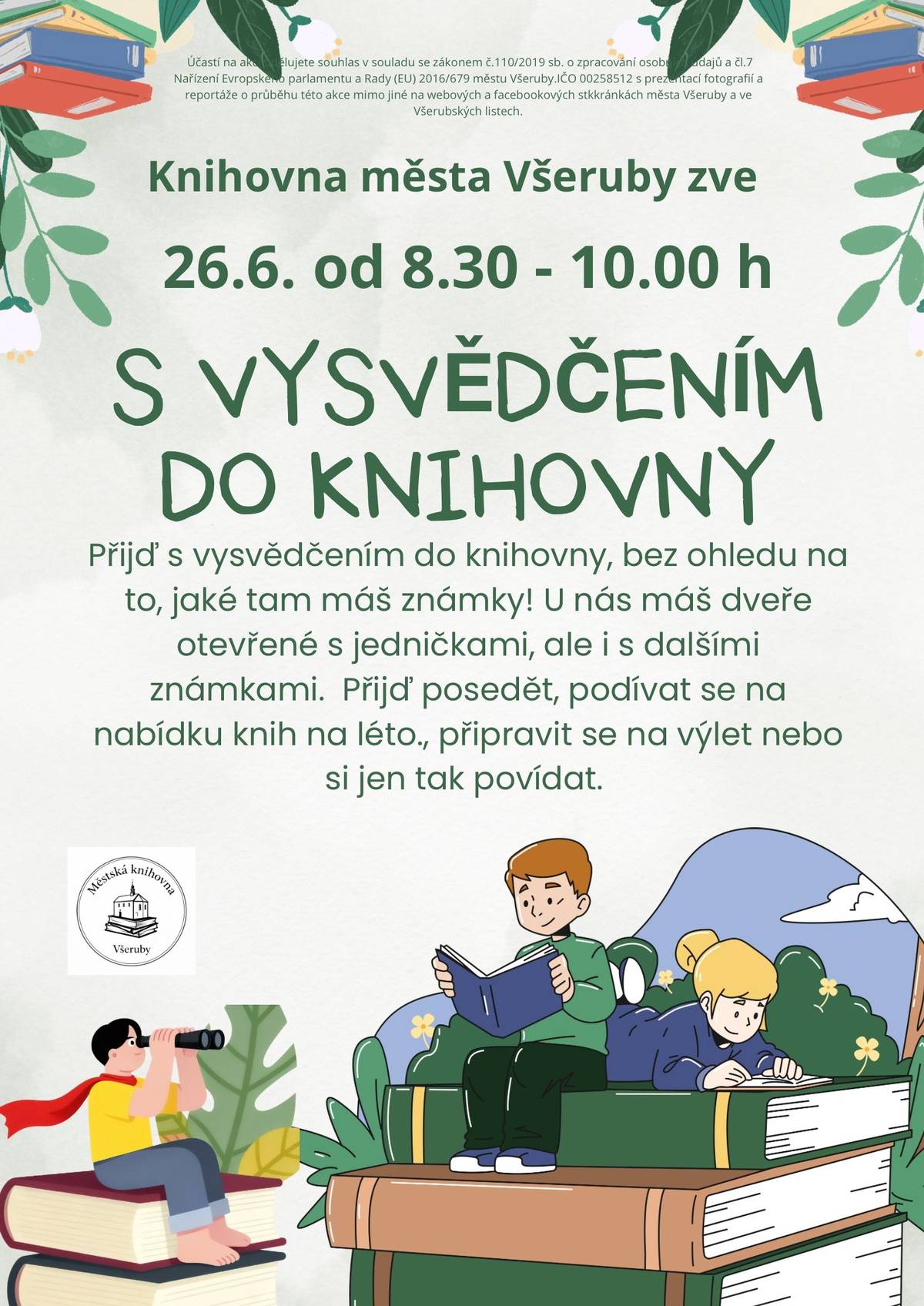 🕢Poslední den školy se rychle blíží💯 📃Vysvědčení je na dosah ✍️ 🔢A že se ti zrovna moc nepovedlo?? ❗️NEVADÍ❗️ 🆓 U nás máš dveře otevřeny zrovna tak jako ti jedničkáři! ✳️Přijďte s vysvědčením do knihovny, koukneme na něj, vybereme super čtení nebo tip na prázdninový výlet nebo si jen tak popovídáme o tom, co tě zajímá 🌐