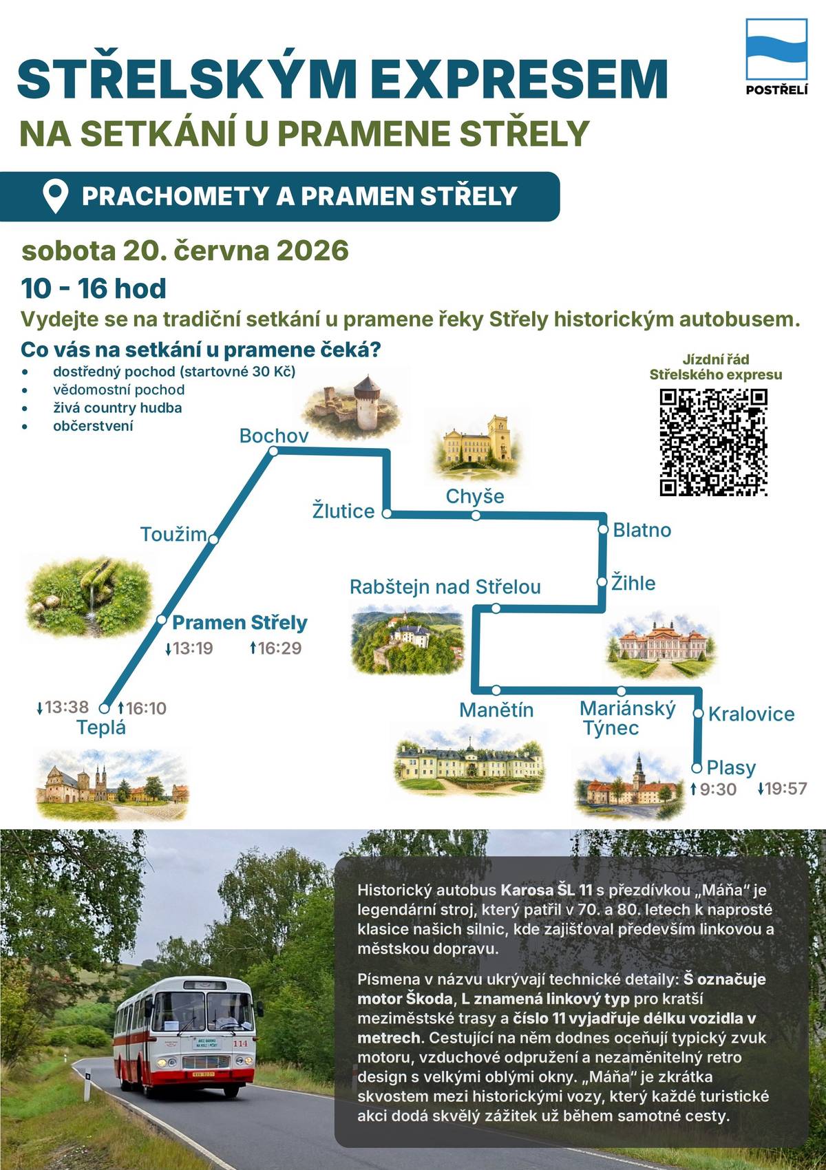 Na Setkání u pramene Střely 20.6.2026 je možno využít jízdu historickým autobusem Střelským expresem.