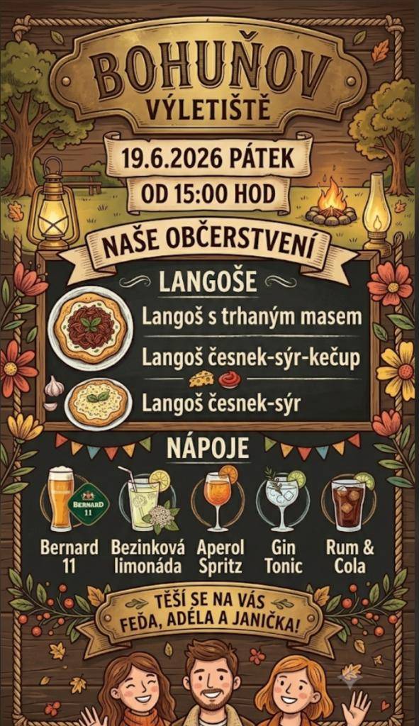 Pozvánka na občerstvení v Bohuňově v pátek 19.6.2026 od 15:00 hodi